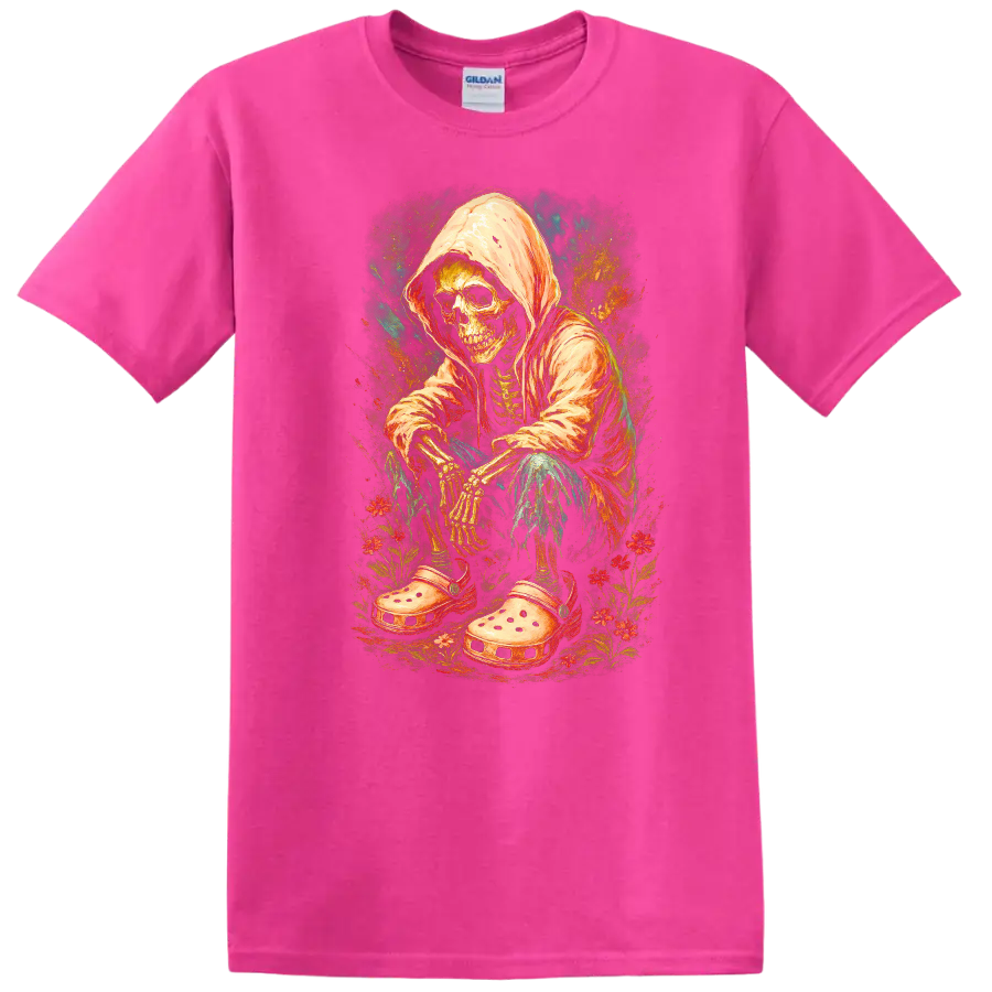 Vintage hooded skeleton in oversized clogs surrounded by colorful flowers on a Safety Pink T Shirt