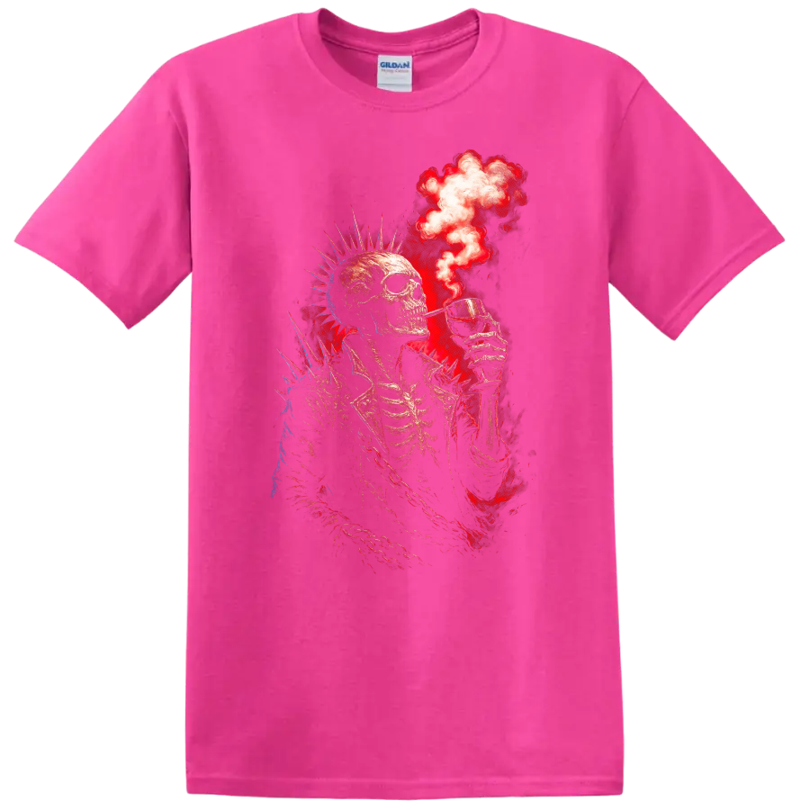 Spiked punk skeleton raising a cocktail amid red smoke in distressed gothic art on a Safety Pink T Shirt