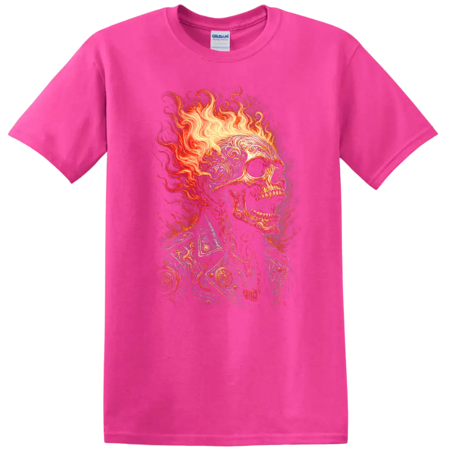 Flaming skull in ornate vintage jacket with gothic fire illustration on a Safety Pink T Shirt