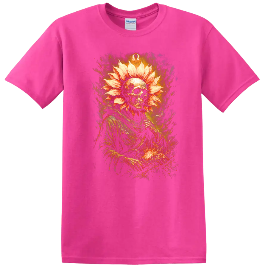 Gothic skeleton with flower-petal halo, fiery textures, and Omega symbol on a Safety Pink T Shirt