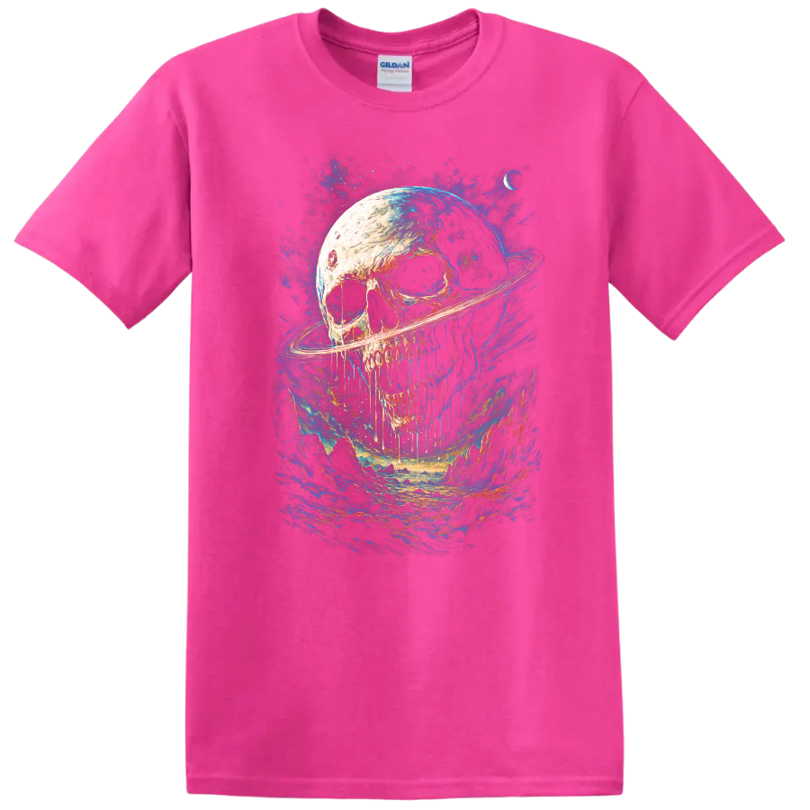 Gothic skull with Saturn-like ring in a vivid blue cosmic landscape on a Safety Pink T Shirt