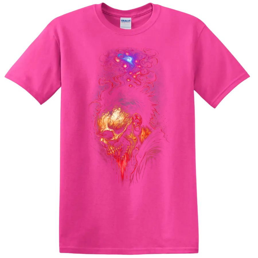 Decaying skull with dripping jaw and psychedelic cosmic smoke in gothic horror art on a Safety Pink T Shirt