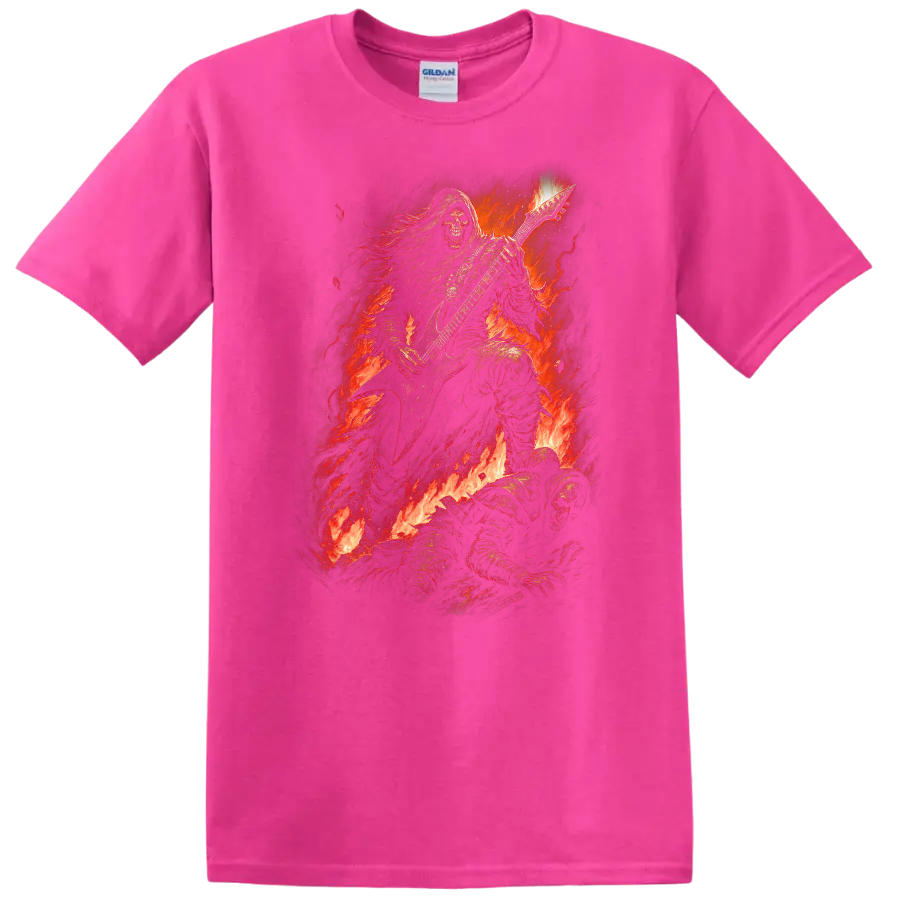Hooded skeleton guitarist in flames, distressed vintage gothic rock artwork on a Safety Pink T Shirt