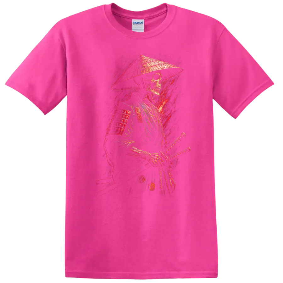 Vintage gothic samurai skeleton warrior in armor with conical hat and swords on a Safety Pink T Shirt