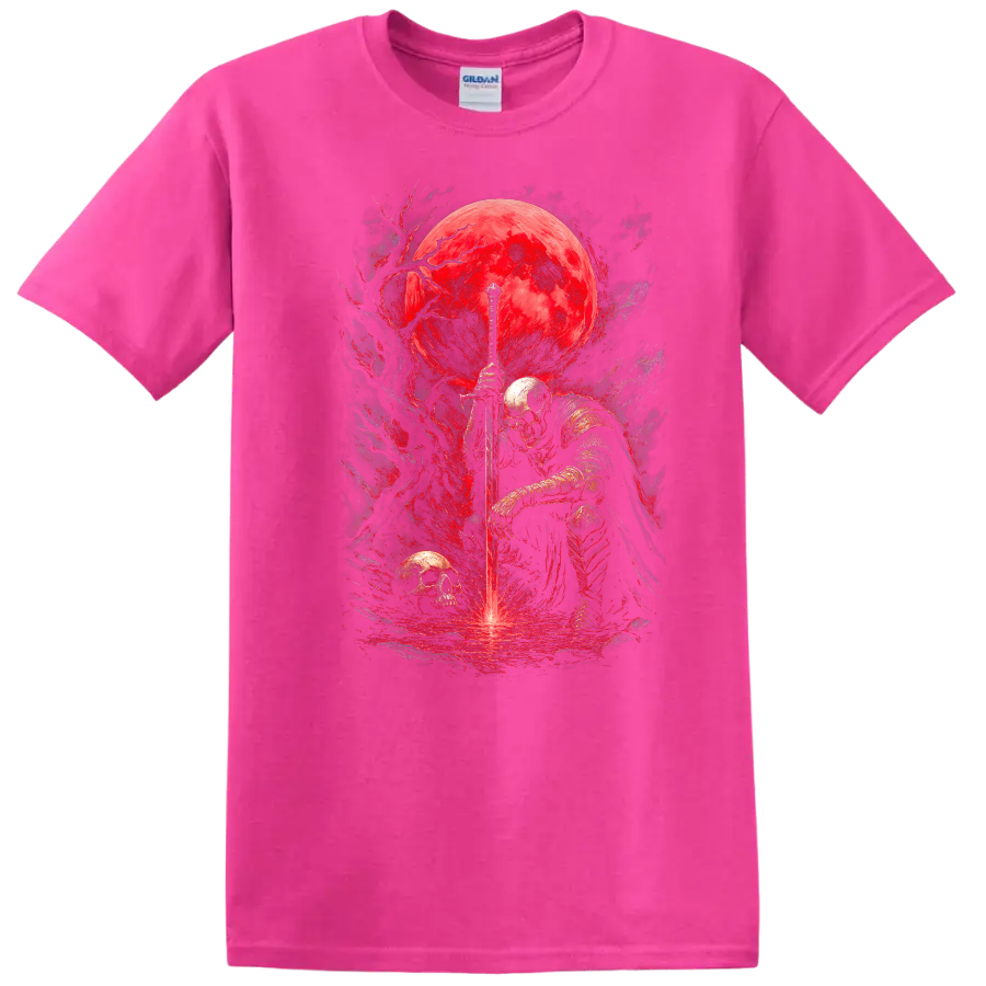 Armored skeletal knight with sword, skulls, and crimson moon in gothic fantasy art on a Safety Pink T Shirt