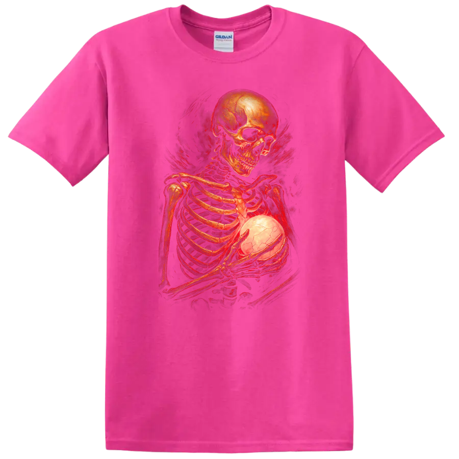 Gothic skeleton holding a glowing cracked orb in red vintage horror art on a Safety Pink T Shirt