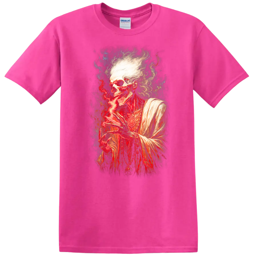 Gothic robed skeleton conjuring red flame in a detailed dark fantasy illustration on a Safety Pink T Shirt