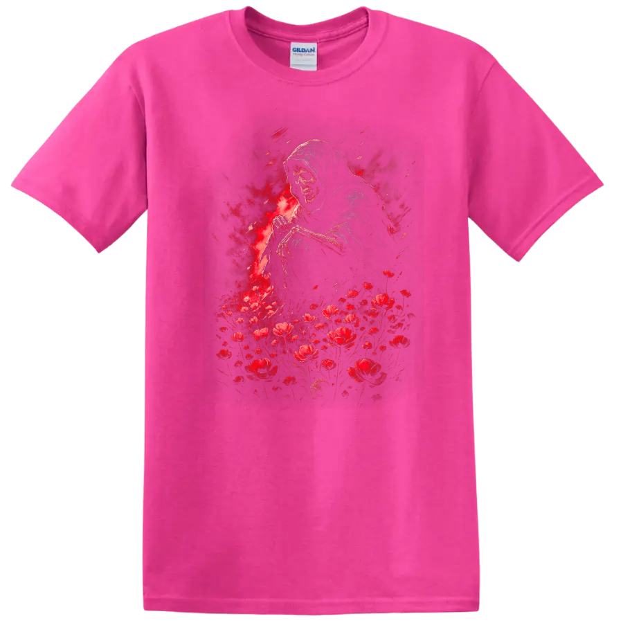 Hooded grim reaper skull with red flowers in distressed gothic illustration on a Safety Pink T Shirt