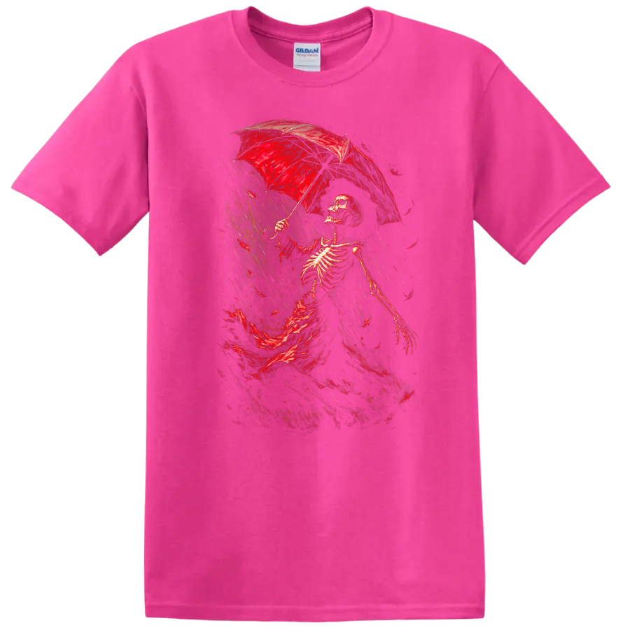 Vintage Gothic skeleton walking in rain beneath a red umbrella on a Safety Pink T Shirt