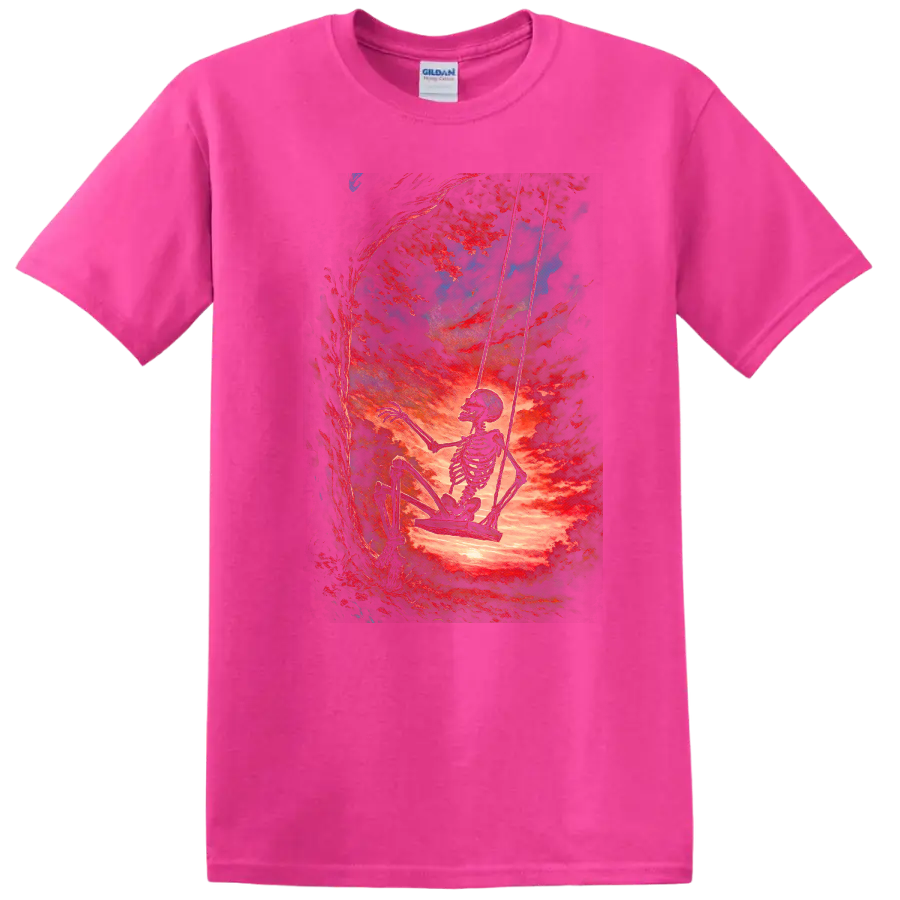 Vintage skeleton swinging beneath red trees in surreal gothic forest art on a Safety Pink T Shirt