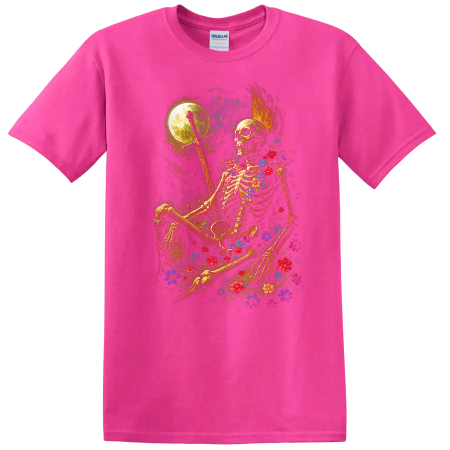 Moonlit floral skeleton holding a sword in a gothic flower-filled night scene on a Safety Pink T Shirt