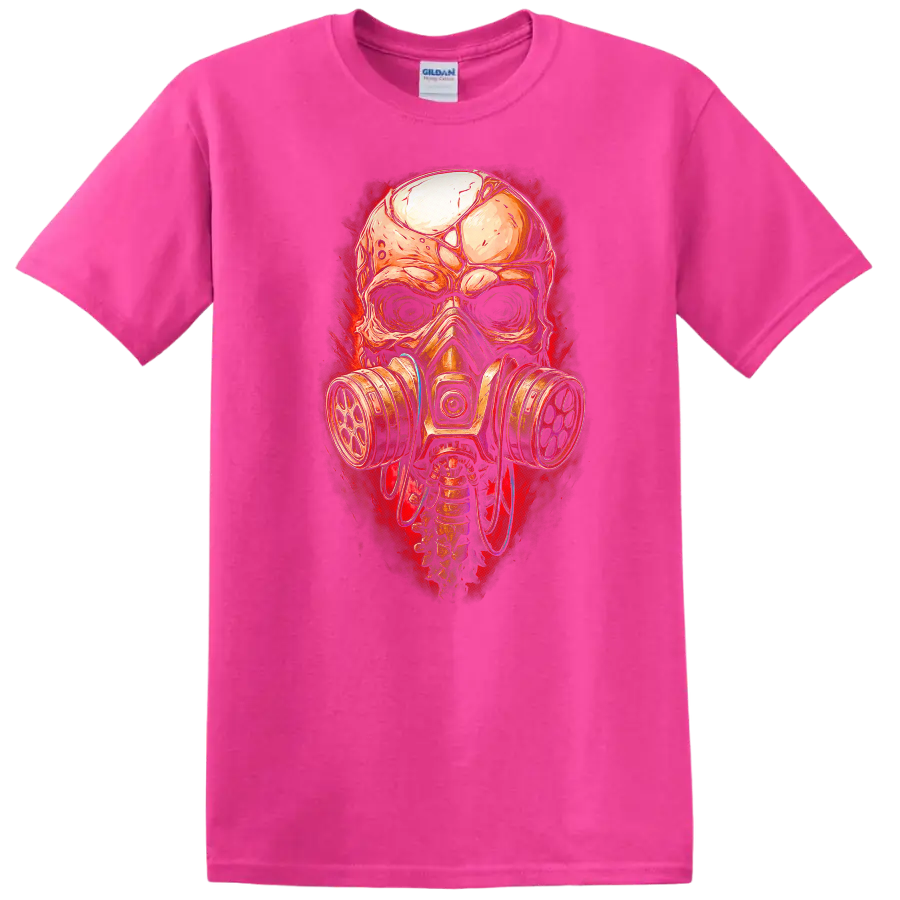 Gothic illustrated skull wearing a gas mask with distressed red horror-art backdrop on a Safety Pink T Shirt