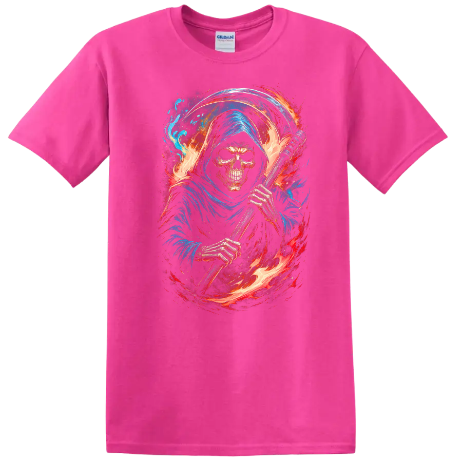 Hooded Grim Reaper skeleton with scythe, swirling flames, and blue gothic artwork on a Safety Pink T Shirt
