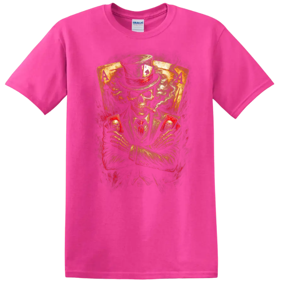 Vintage gothic skeleton poker player in top hat holding skull cards before ace cards on a Safety Pink T Shirt