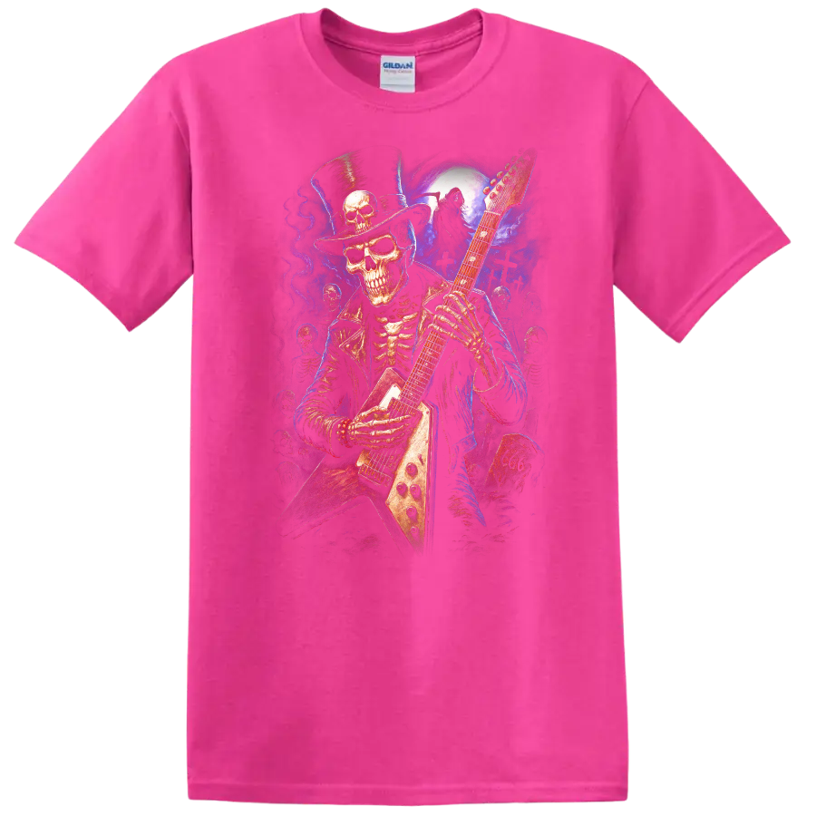 Top-hatted skeleton guitarist in vivid gothic moonlit graveyard art on a Safety Pink T Shirt