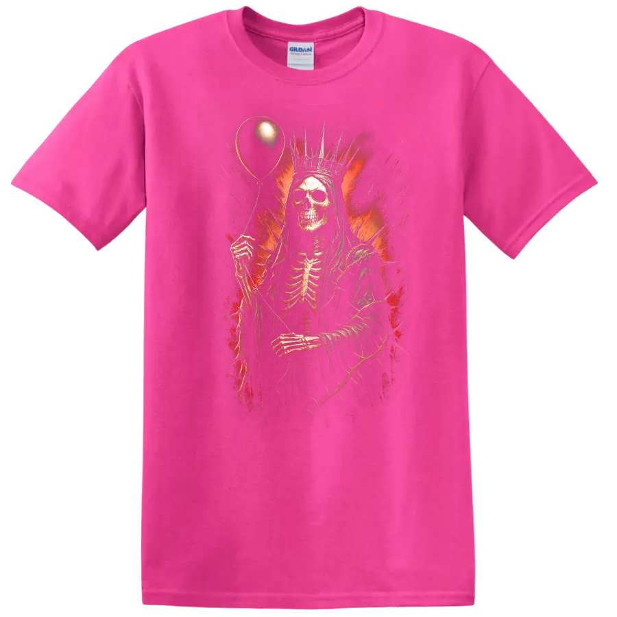Crowned skeleton holding a balloon in distressed red and black gothic horror art on a Safety Pink T Shirt