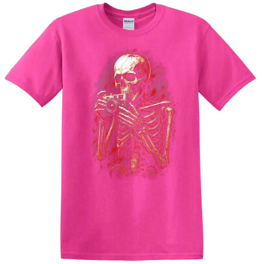 Distressed gothic skeleton photographer holding a vintage camera horror art graphic on a Safety Pink T Shirt