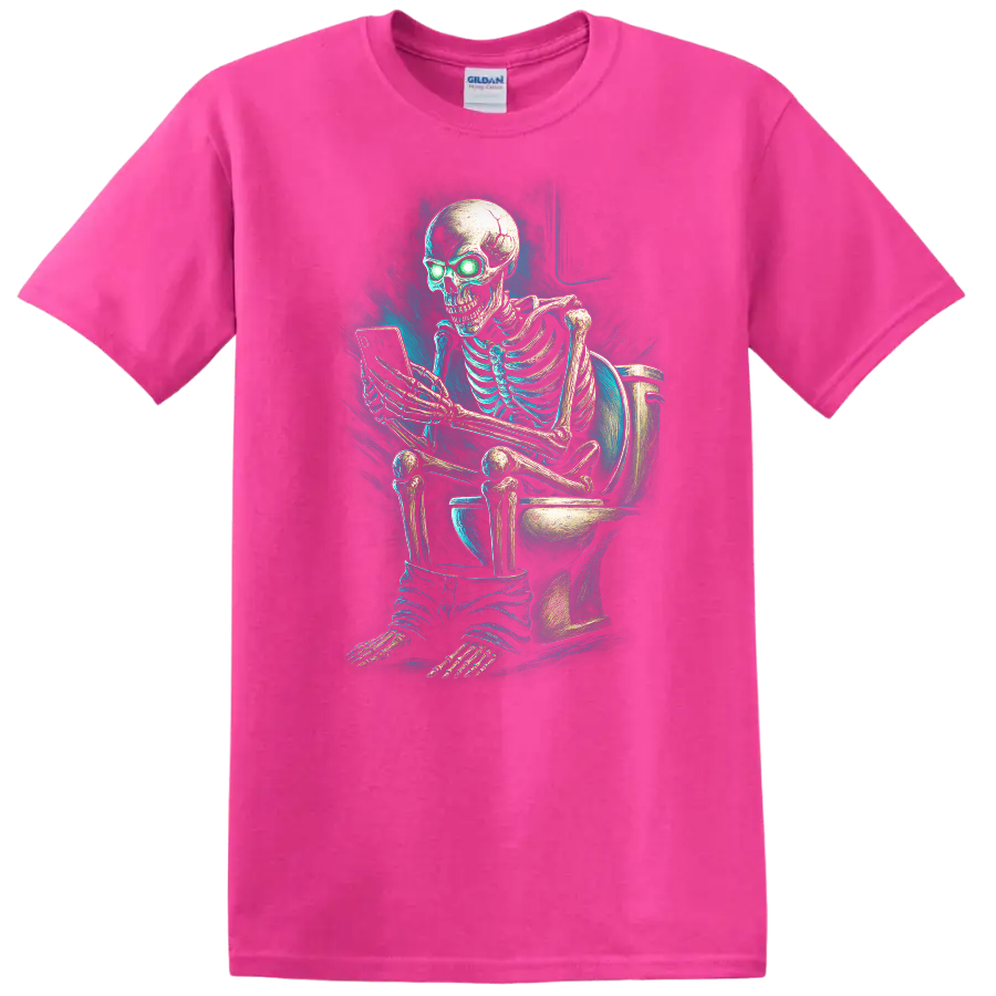 Vintage gothic skeleton on toilet using phone with glowing green eyes on a Safety Pink T Shirt