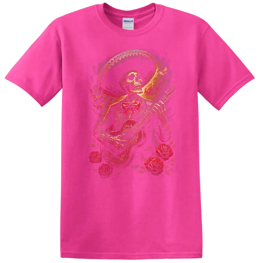 Vintage gothic skeleton guitarist with roses, butterflies, and ornate wide-brimmed hat on a Safety Pink T Shirt