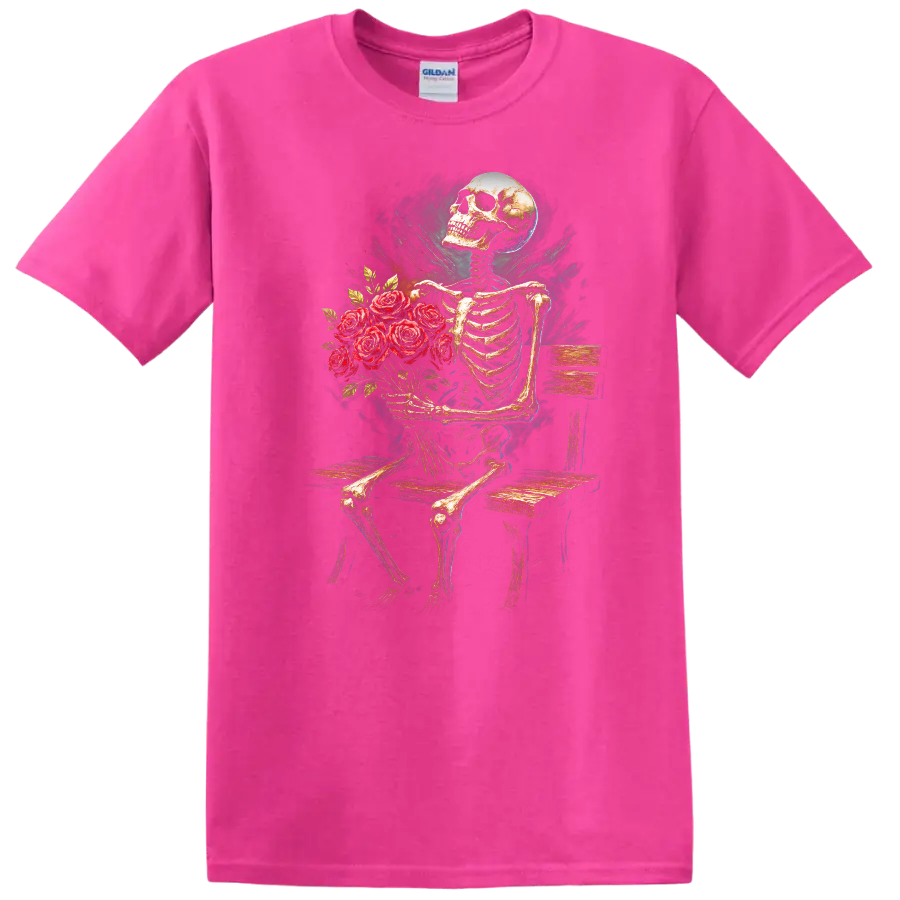 Vintage gothic skeleton holding a bouquet of red roses while seated on a wooden bench on a Safety Pink T Shirt