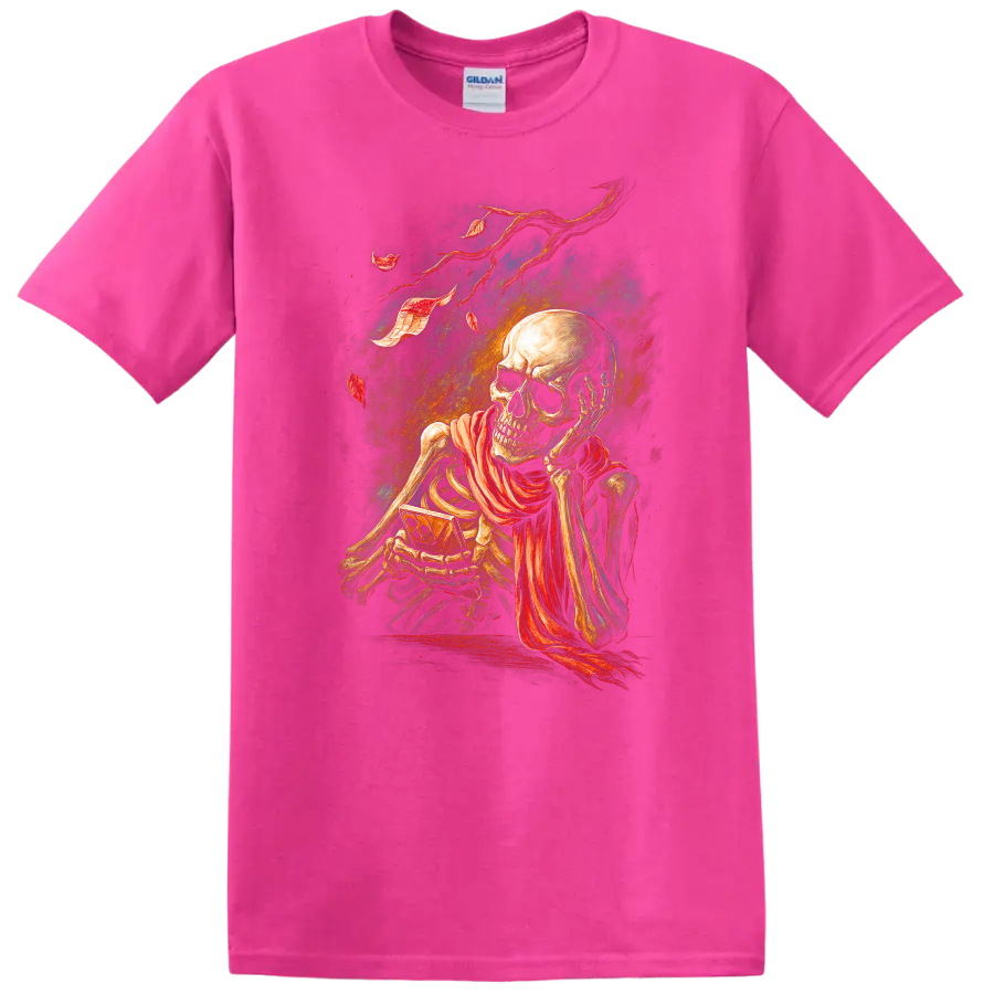 Vintage gothic skeleton skull illustration with flowing red scarf and distressed ribbons on a Safety Pink T Shirt