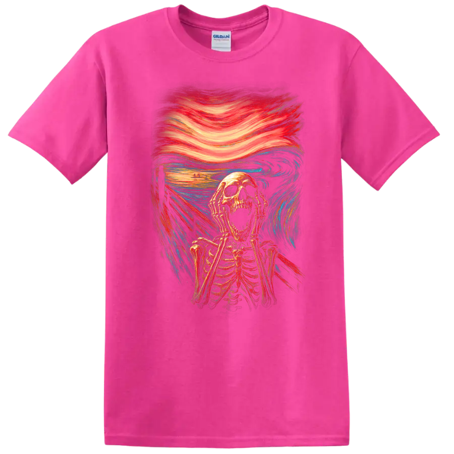 Screaming skeleton in vintage gothic horror art with swirling red and blue brushwork on a Safety Pink T Shirt