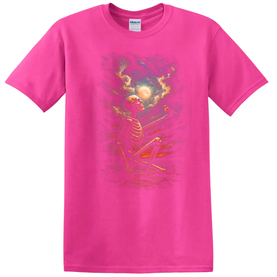 Vintage gothic painting of seated skeleton, bird, full moon, and dramatic night sky on a Safety Pink T Shirt