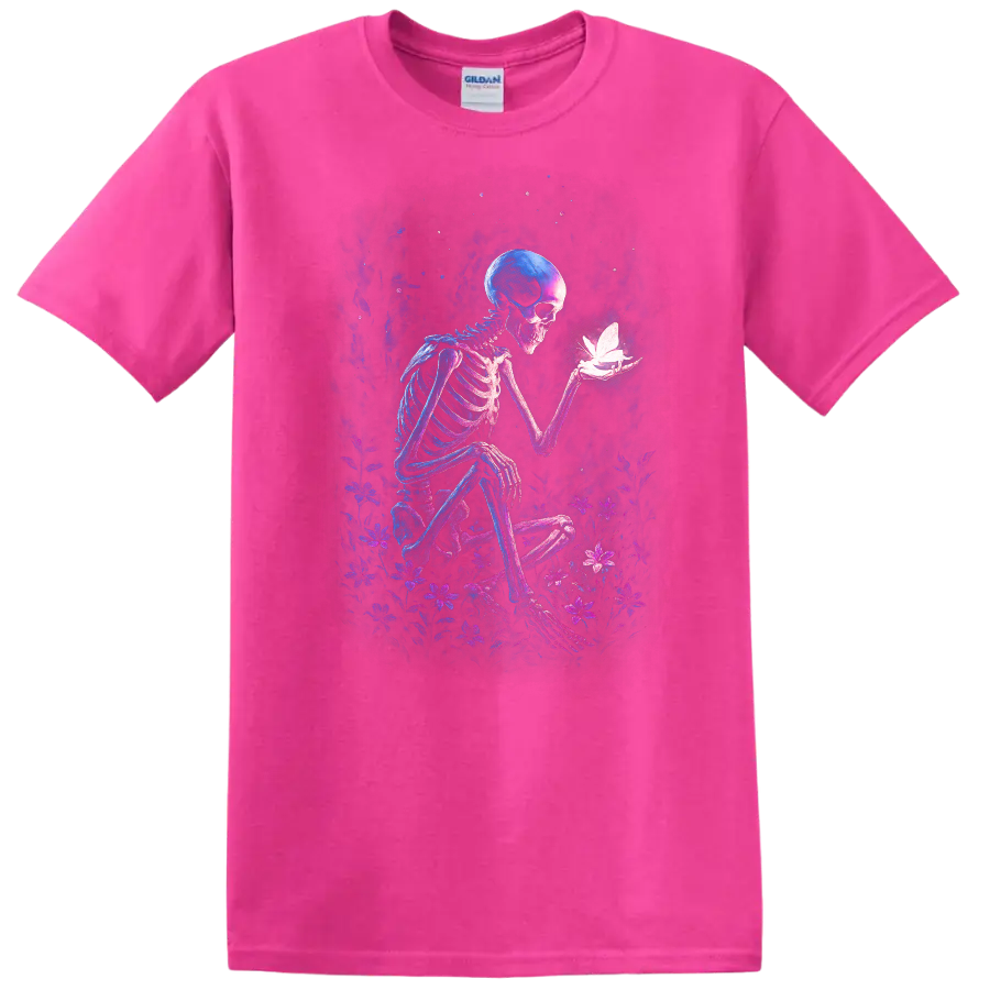 Gothic skeleton holding a glowing butterfly amid neon wildflowers on a Safety Pink T Shirt