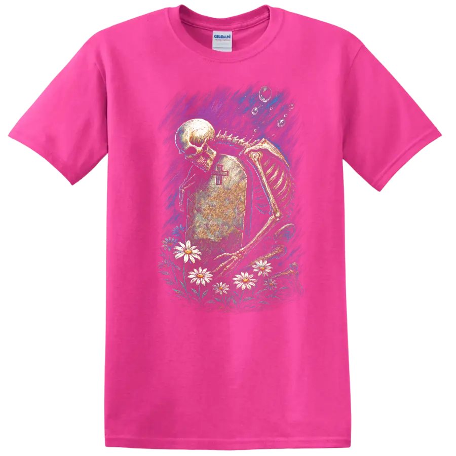 Skeleton mourning beside a cross tombstone and daisies in vintage gothic artwork on a Safety Pink T Shirt
