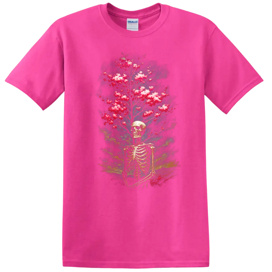 Vintage gothic skeleton skull with pink blooming branches and smoky teal backdrop on a Safety Pink T Shirt