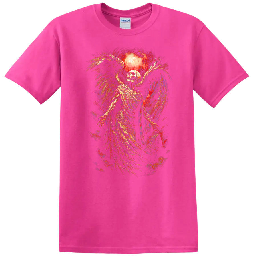 Vintage winged skeleton skull beneath a glowing moon in distressed gothic art on a Safety Pink T Shirt