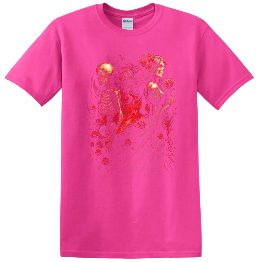 Vintage gothic skeletal woman and skeleton surrounded by red roses on a Safety Pink T Shirt