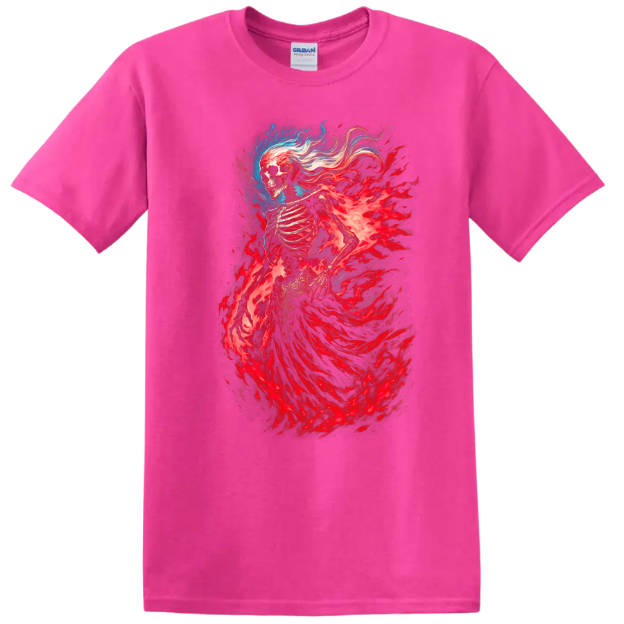 Flaming skeleton spirit with red spectral energy in detailed gothic fantasy art on a Safety Pink T Shirt