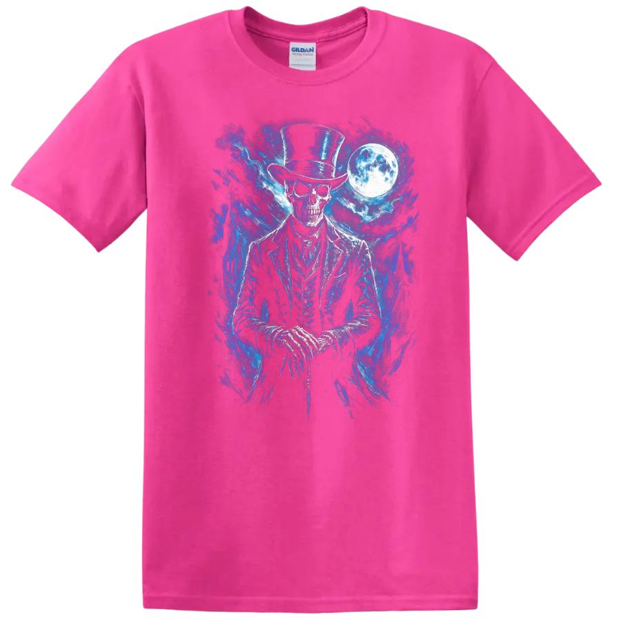 Moonlit gothic skeleton in top hat with blue spectral art and full moon on a Safety Pink T Shirt