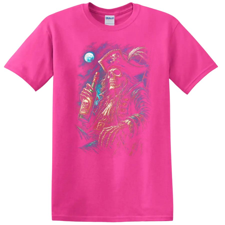 Moonlit skeletal pirate holding a rum bottle in detailed vintage gothic sea art on a Safety Pink T Shirt