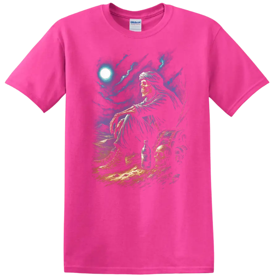 Moonlit skeleton wanderer with skulls, chest, and stormy gothic nightscape on a Safety Pink T Shirt