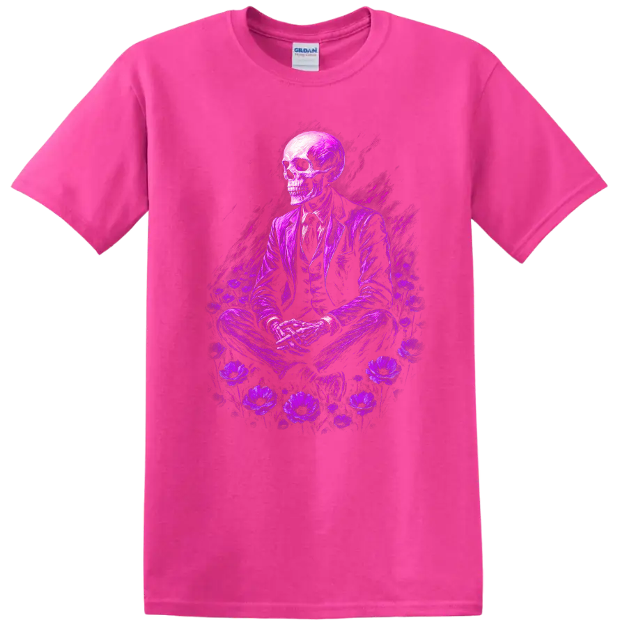 Purple skeleton in suit surrounded by flowers in vintage gothic illustration on a Safety Pink T Shirt