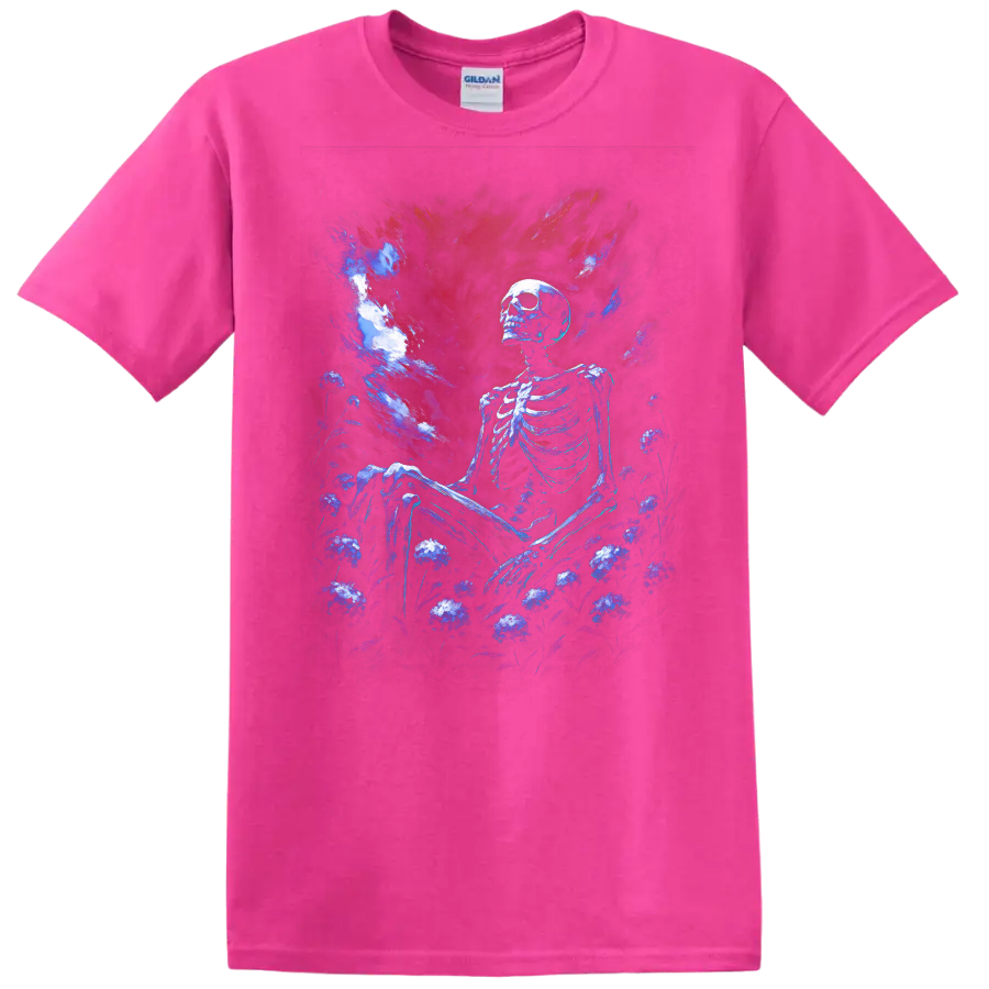 Blue skeleton seated in a dark floral garden beneath a dramatic gothic painted sky on a Safety Pink T Shirt