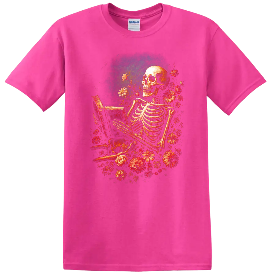 Vintage gothic skeleton reading a book surrounded by red flowers on a Safety Pink T Shirt