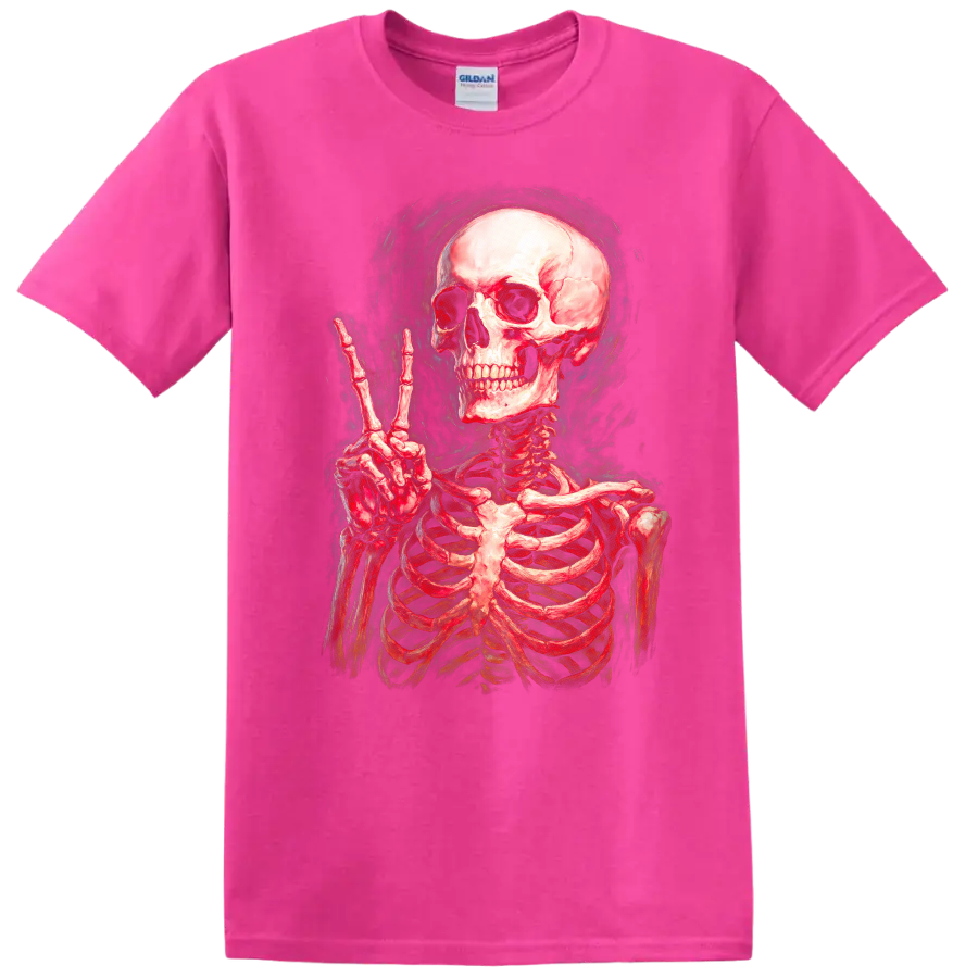 Vintage red skeleton skull making a peace sign in smoky gothic illustration style on a Safety Pink T Shirt