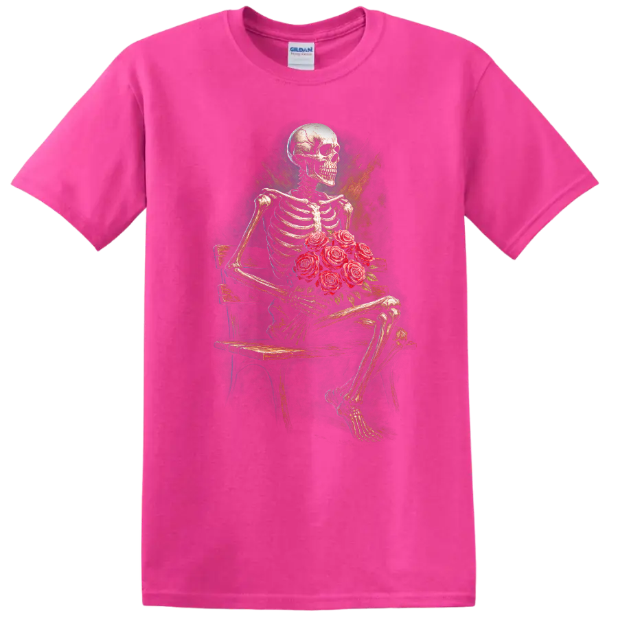 Vintage gothic skeleton holding red roses on a bench in distressed floral art on a Safety Pink T Shirt