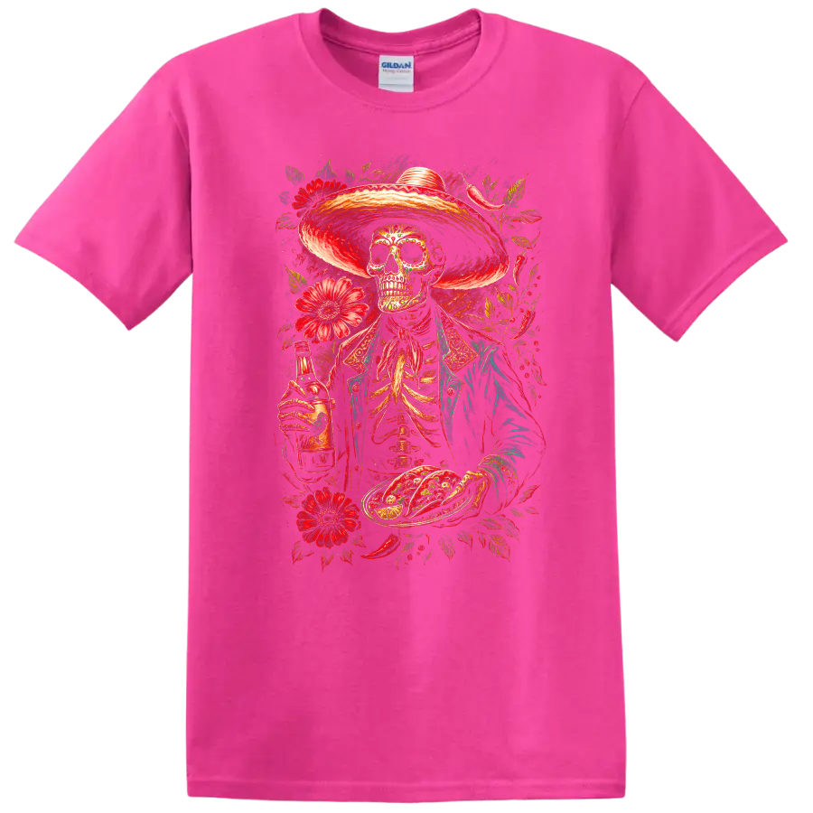 Vintage gothic skeleton in sombrero with tacos, bottle, and red flowers on a Safety Pink T Shirt