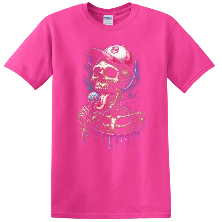 Gothic skeleton skull in cap licking a spiral lollipop with colorful paint drips on a Safety Pink T Shirt