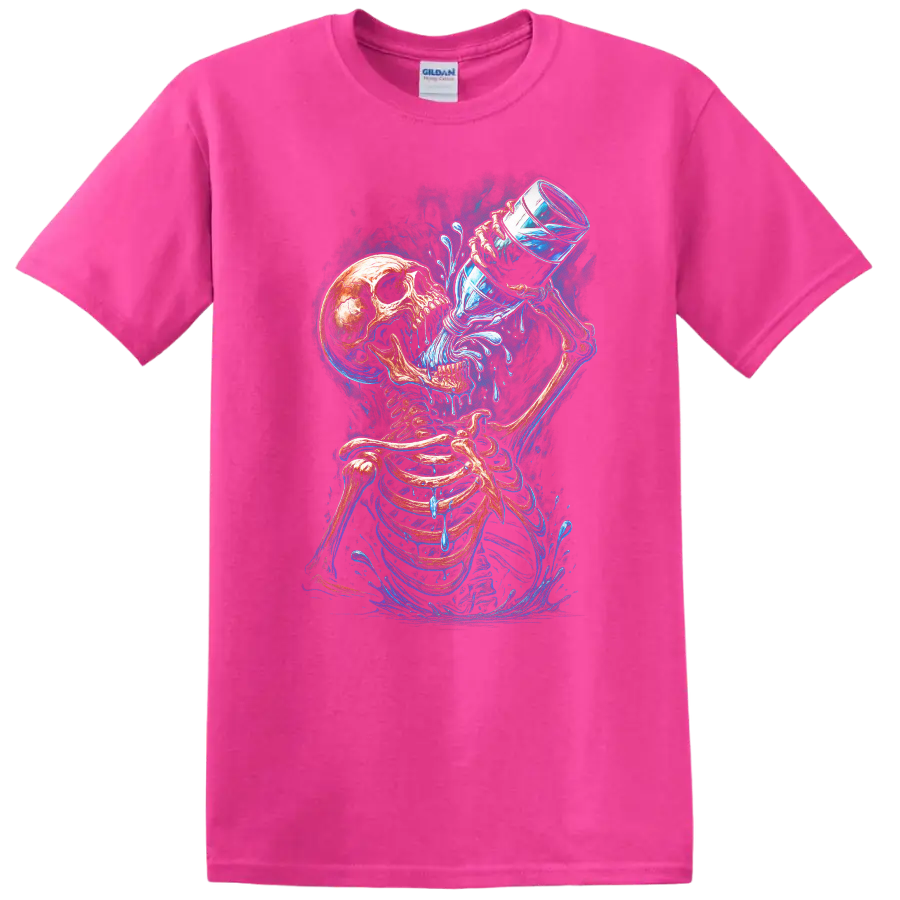 Vintage gothic skeleton drinking water with vivid blue splashes and skull art on a Safety Pink T Shirt