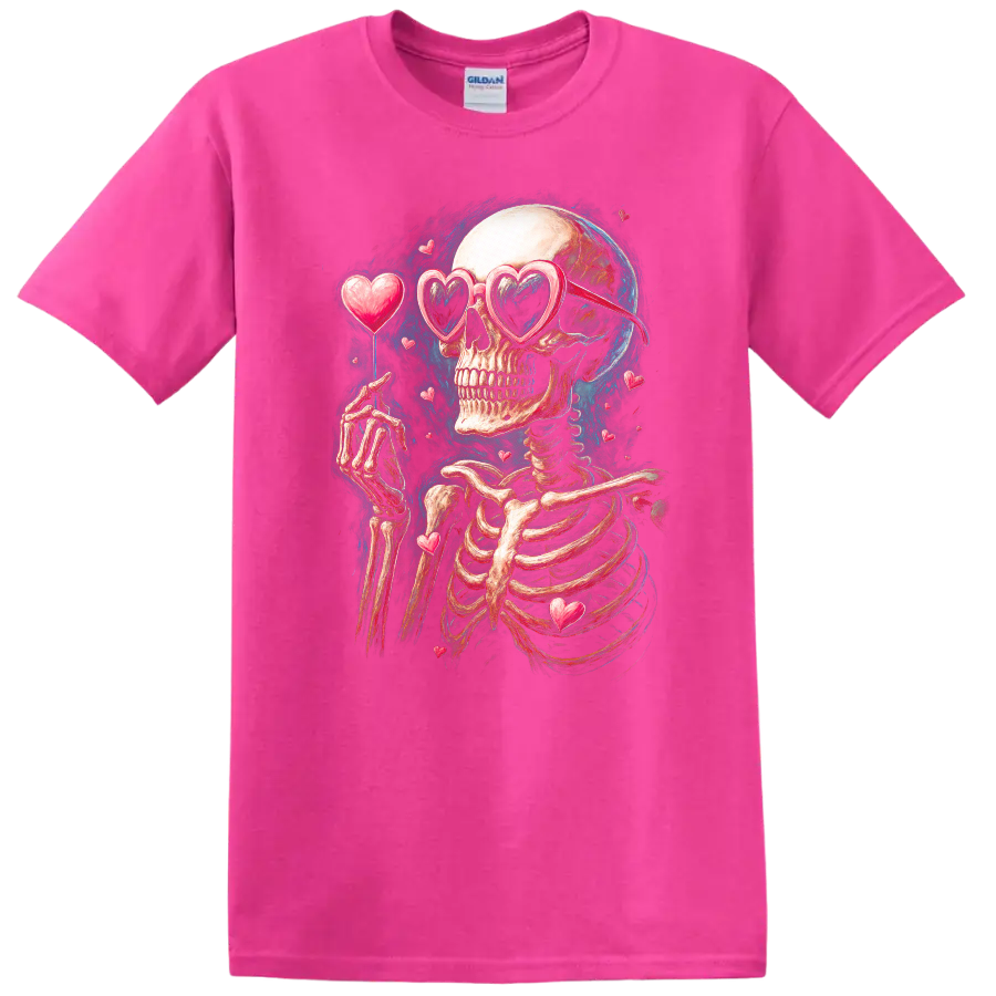 Vintage gothic skeleton in heart sunglasses surrounded by floating hearts on a Safety Pink T Shirt