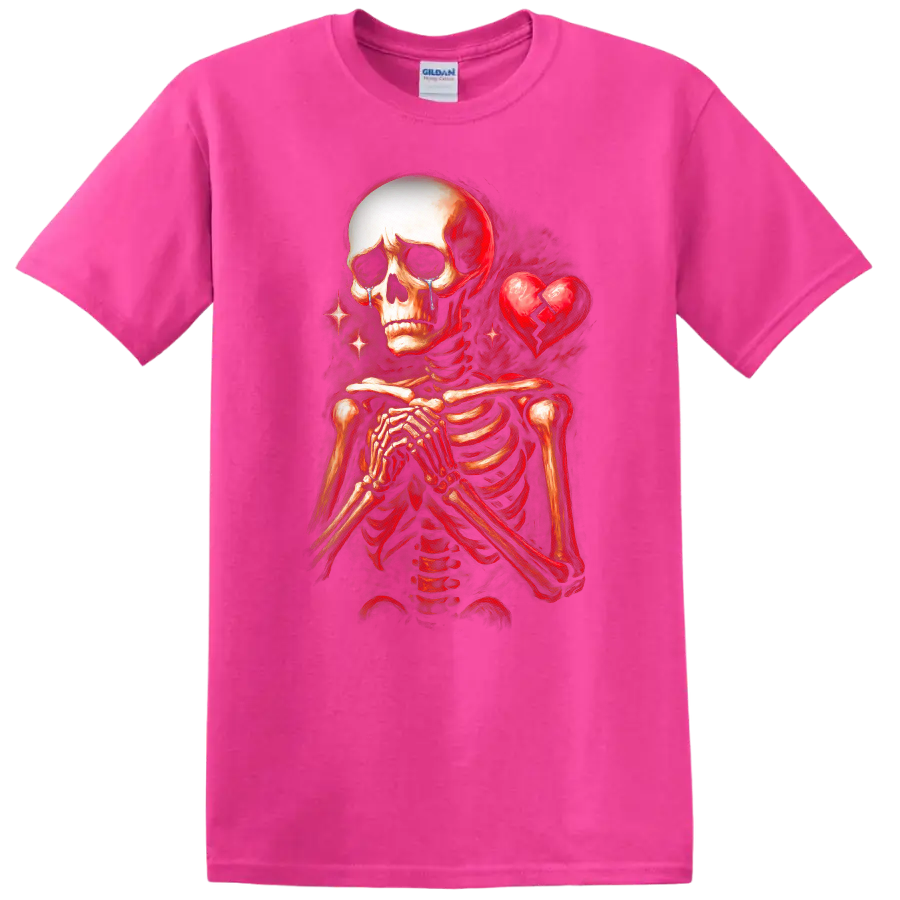 Crying skeleton with clasped hands and cracked heart in vintage gothic art on a Safety Pink T Shirt