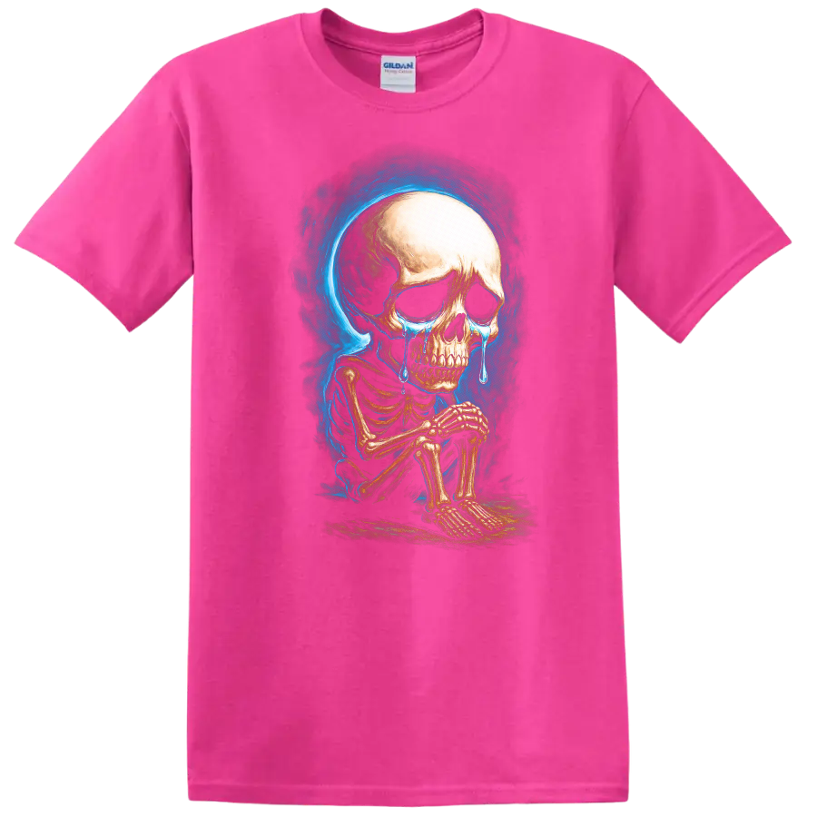 Crying seated skeleton with blue tears and smoky gothic skull artwork on a Safety Pink T Shirt