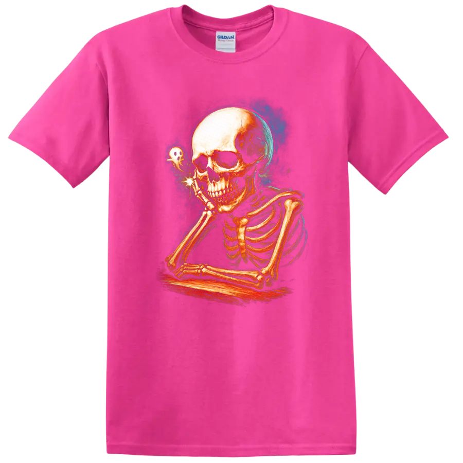 Contemplative skeleton with a tiny ghost in vintage Gothic illustration on a Safety Pink T Shirt
