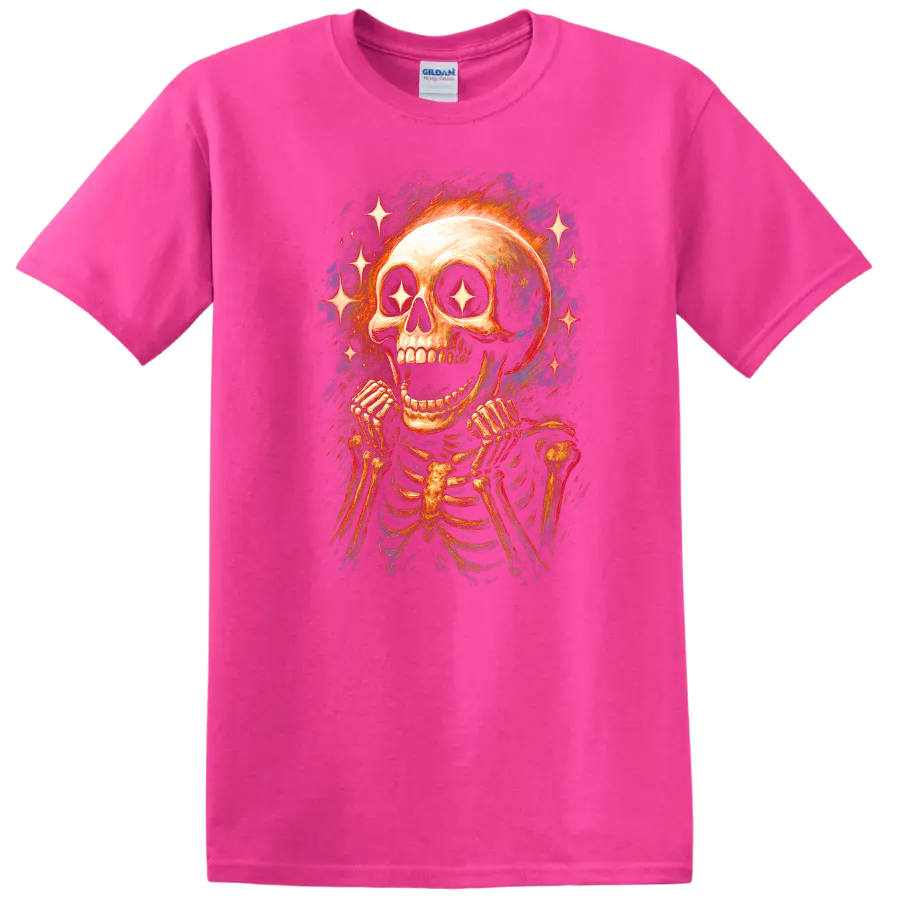 Vintage gothic grinning skeleton skull with sparkling star eyes and radiant stars on a Safety Pink T Shirt