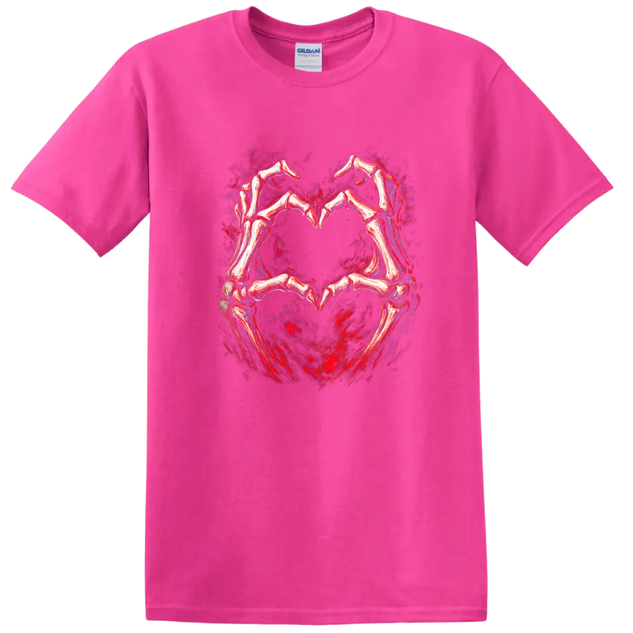 Skeletal hands forming a heart in distressed red and black gothic art on a Safety Pink T Shirt